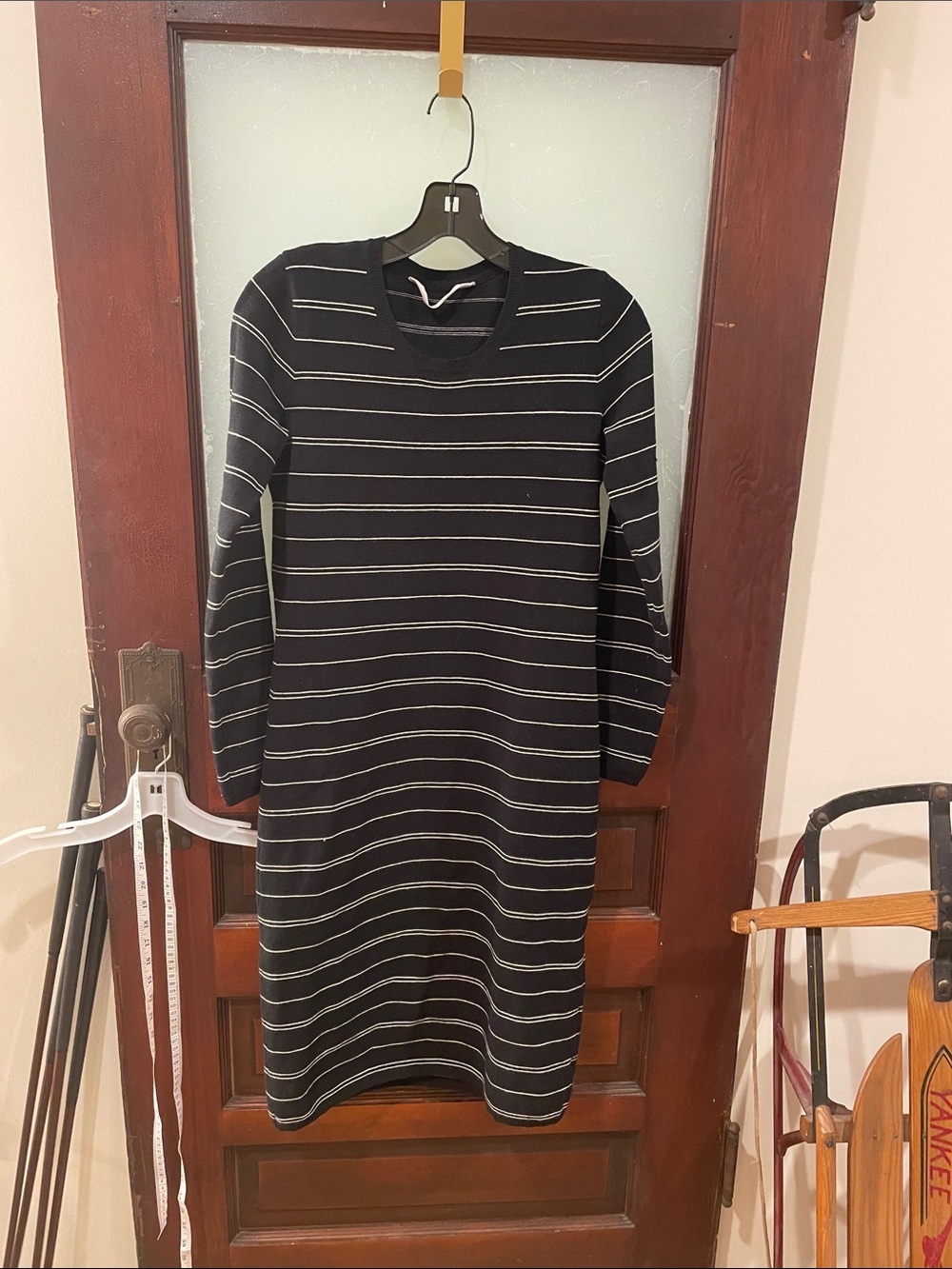 Athleta Black Dress with Thin White Stripes